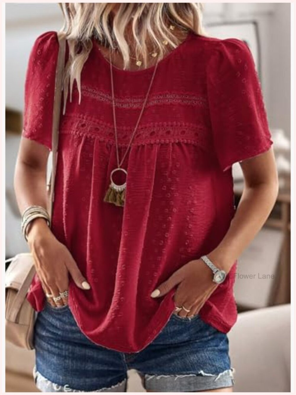 Women's Crewneck Short Sleeve Blouse Flowy Lace Hem Boho Tunic Top - Picture 4 of 7
